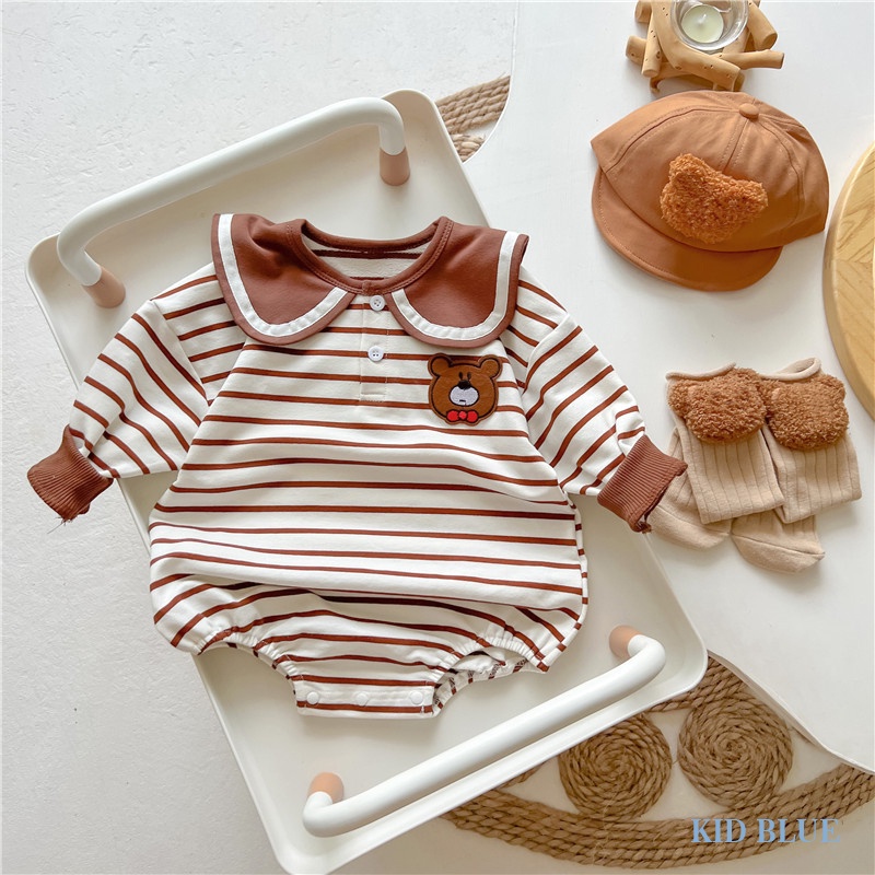 Bộ Áo Liền Quần Tam Giác Kẻ Sọc Dệt Hình Gấu Nâu Phong Cách Hàn Quốc Cho Bé