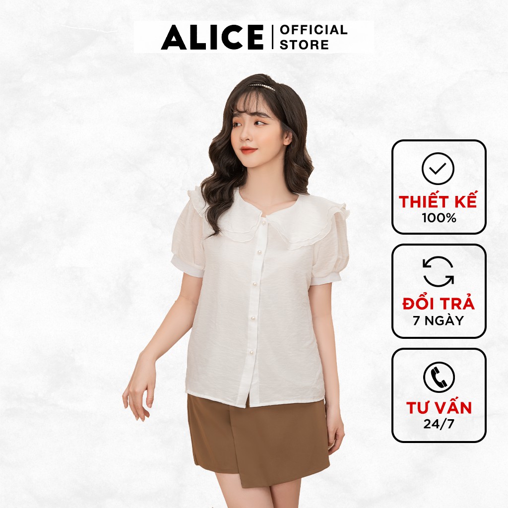 Áo Sơ Mi Trắng Nữ Cổ Bèo ALICE A204 Thiết Kế Dáng Suông Tay Bồng Ngắn Phối Cúc Ngọc