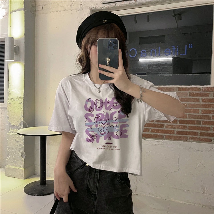 Áo Thun Crotop Form Rộng Unisex Tay Ngắn Chất Cotton Mềm Mại In Hinh OVER SPACE SPACE Ulzzang Style Hàn Quốc TTT0173