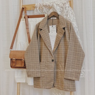 ÁO BLAZER KẺ NÂU 1 CÚC (ảnh thật/sẵn)