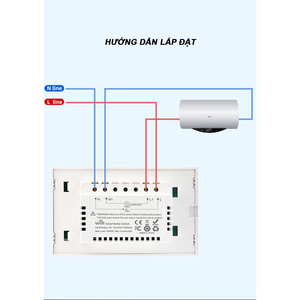 CÔNG TẮC THÔNG MINH TUYA WIFI 20A 4400W ĐIỀU KHIỂN TỪ XA DÙNG CHO BÌNH NÓNG LẠNH, ĐIỀU HÒA...