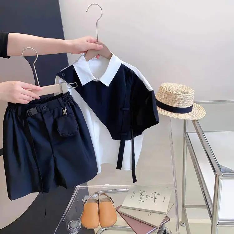 Bộ Trang Phục Hai Mảnh Áo Sơ Mi Dáng Rộng Phong Cách Preppy Hàn Quốc Thời Trang Mùa Hè Cho Nam Và Nữ 5 Tuổi