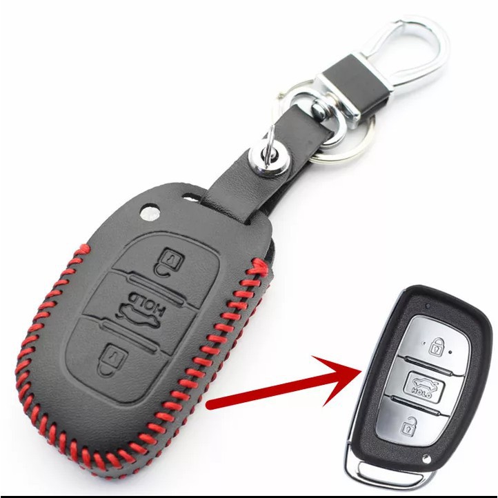 Bao da chìa khóa xe Elantra, Tucson, I10 đen chỉ đỏ - bản chìa thông minh