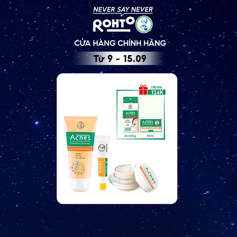 Combo khỏe da mờ sẹo (Kem rửa mặt 100g+Gel mờ sẹo 12g+Kem dưỡng da 40g) + Tặng Phim thấm dầu 50 tờ+miếng dán mụn Acnes
