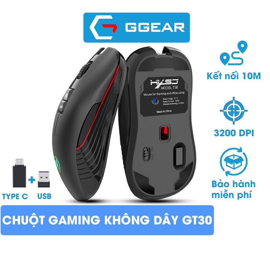 Chuột gaming máy tính không dây GGear GT30 3600 dpi pin sạc 720mAh Type C USB  cho Laptop PC Macbook Smartphone