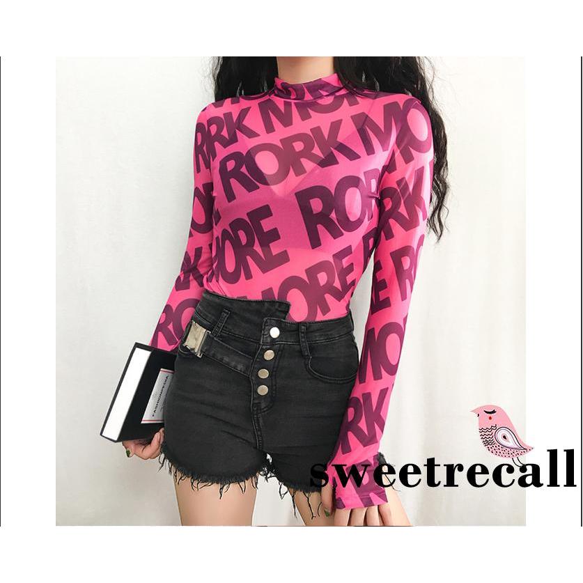 Women's Lettering Crop Tops, Turtleneck Long Sleeves Tight Fitting Shirt Clubwear for Female