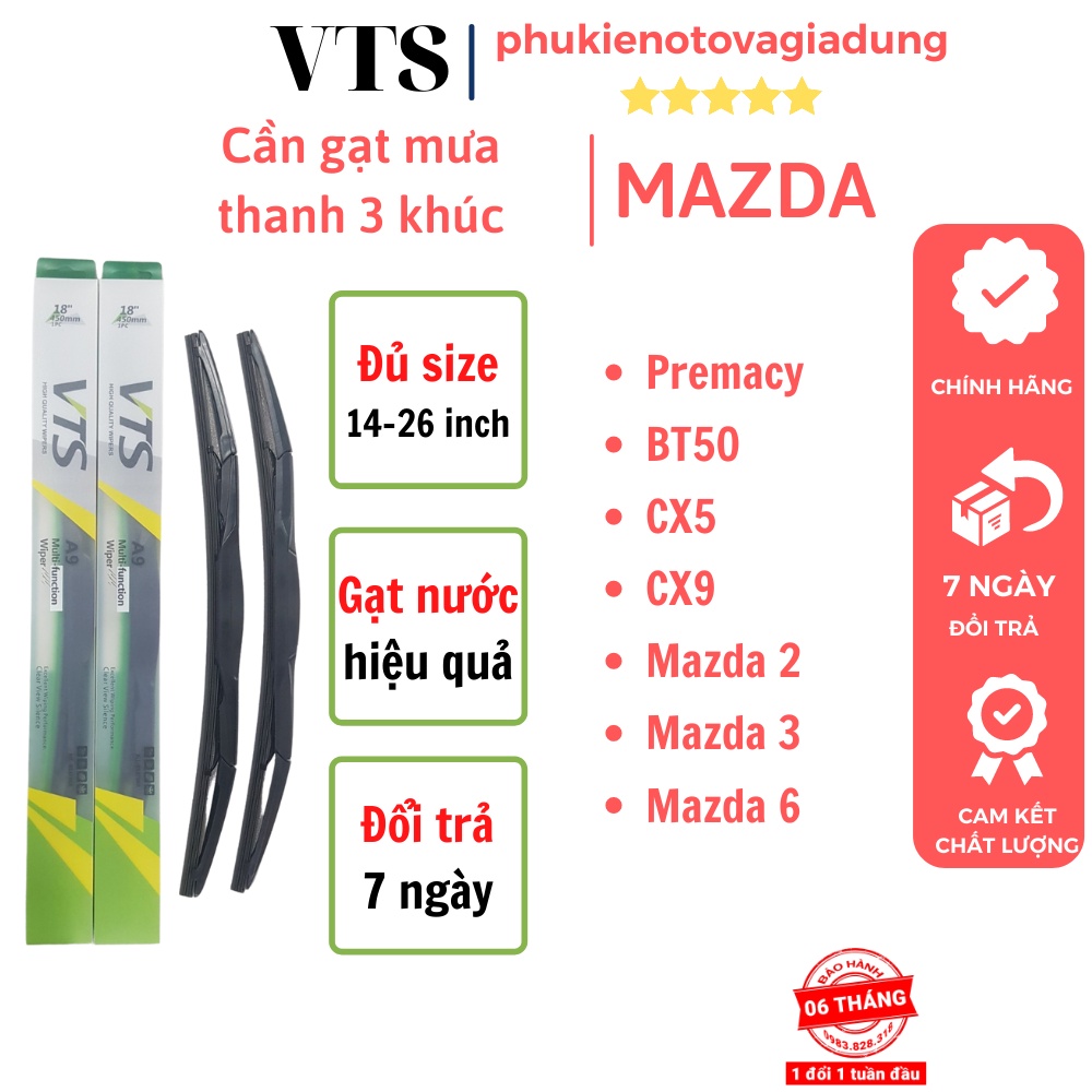 Cần gạt mưa ô tô Mazda: Premacy,BT50, CX5,9; Mazda 2,3,6 thanh 3 khúc A9 Lưỡi Silicon - BH 6 tháng - phukienotovagiadung