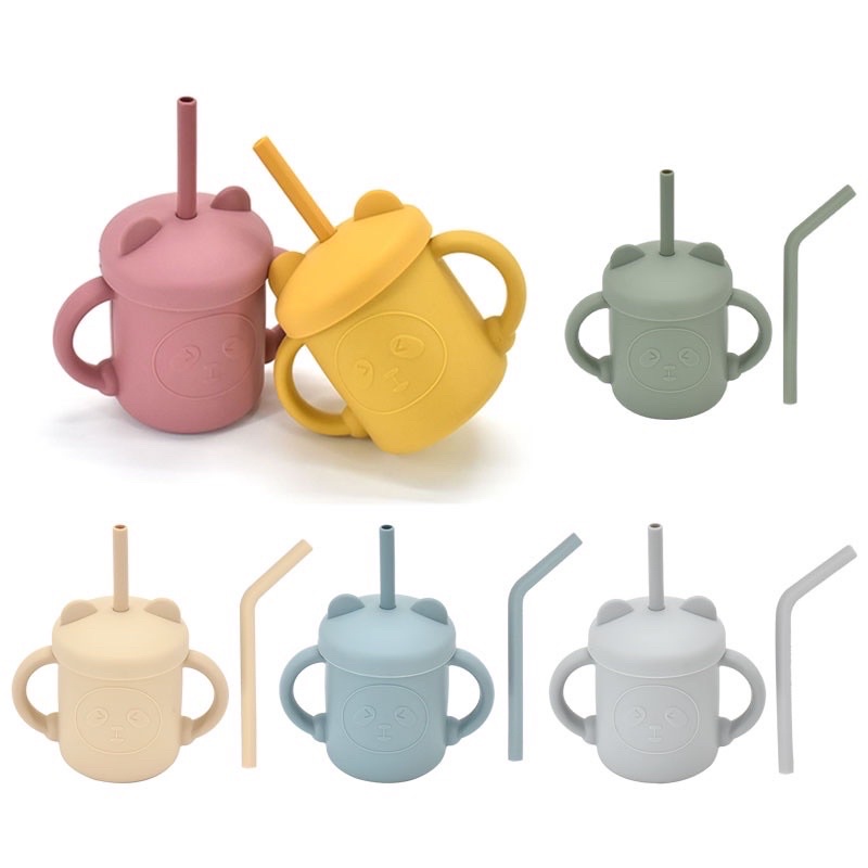 Cốc tập hút silicon hình gấu xinh xắn cho bé tập uống 2in1 kèm ống hút thay thế