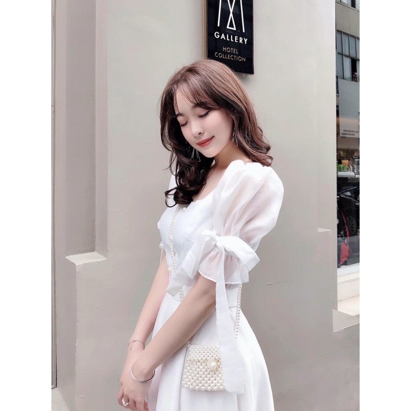 Đầm Nữ Đẹp❤Đầm Dự Tiệc Thiết Kế Cổ Vuông Tay Nơ Form Xòe Xinh Lung Linh Hanaki HNK1011