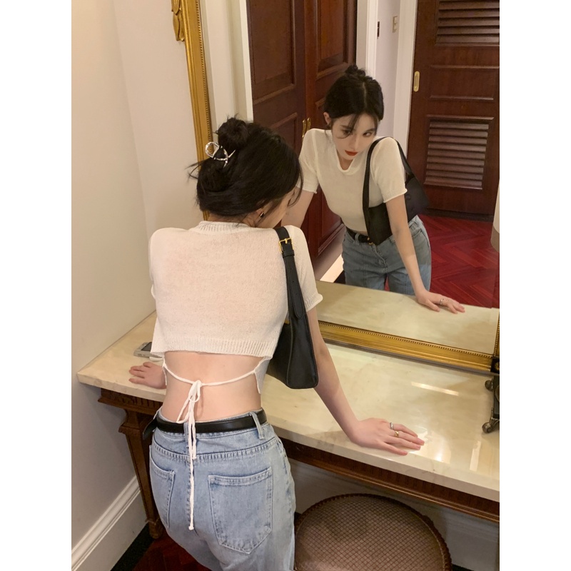 QADCOL  Áo Sweater Dệt Kim Mỏng Dáng Ôm Ngắn Cột Dây Màu Trơn Gợi Cảm Thời Trang Mùa Hè Cho Nữ