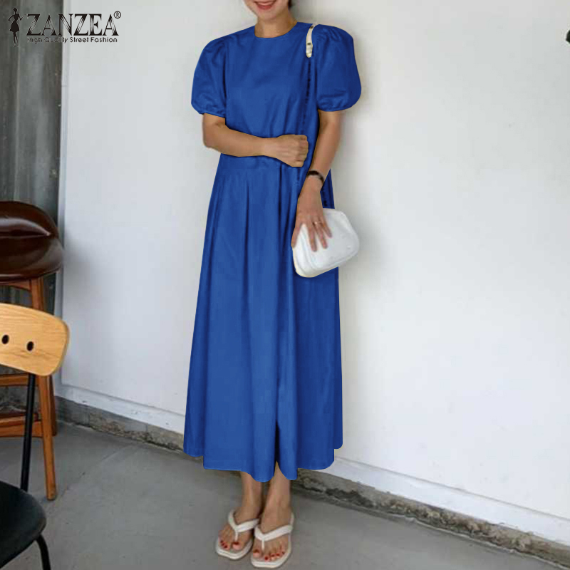 ZANZEA Women Puff Sleeve Side Zipper Pleated Loose Casual Long Dress | BigBuy360 - bigbuy360.vn