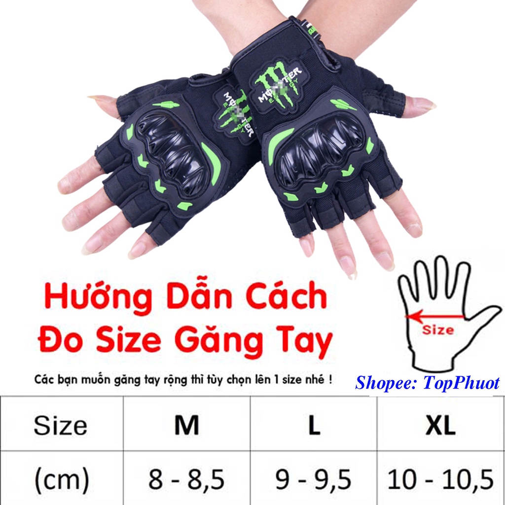 Găng tay Phượt hở ngón Monster có gù bảo hộ, chống nắng, chống tia uv, giảm thiểu va chạm