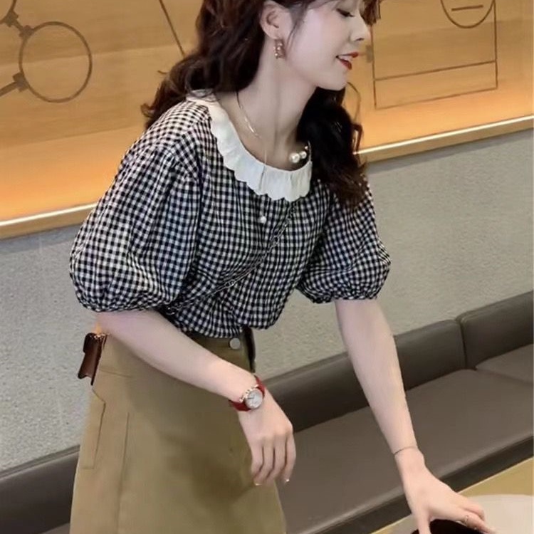 SUXI Áo Sơ Mi Caro Cổ Tròn Dáng Rộng Phong Cách Hàn Quốc Thời Trang Mùa Hè Cho Nữ