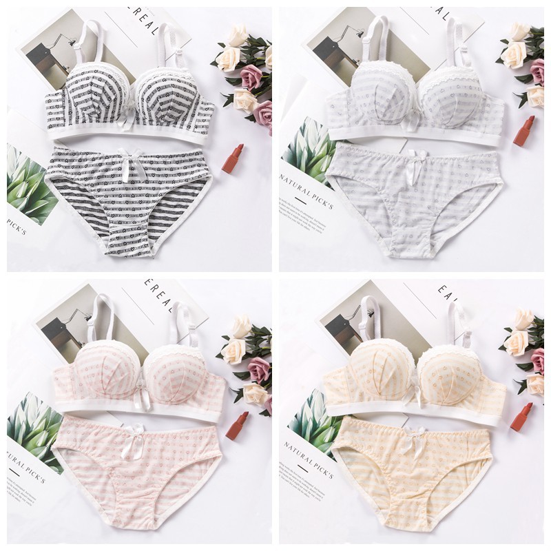 Set quần lót kèm áo bra cúp áo 3/4 không gọng viền ren trang trí nơ cho nữ