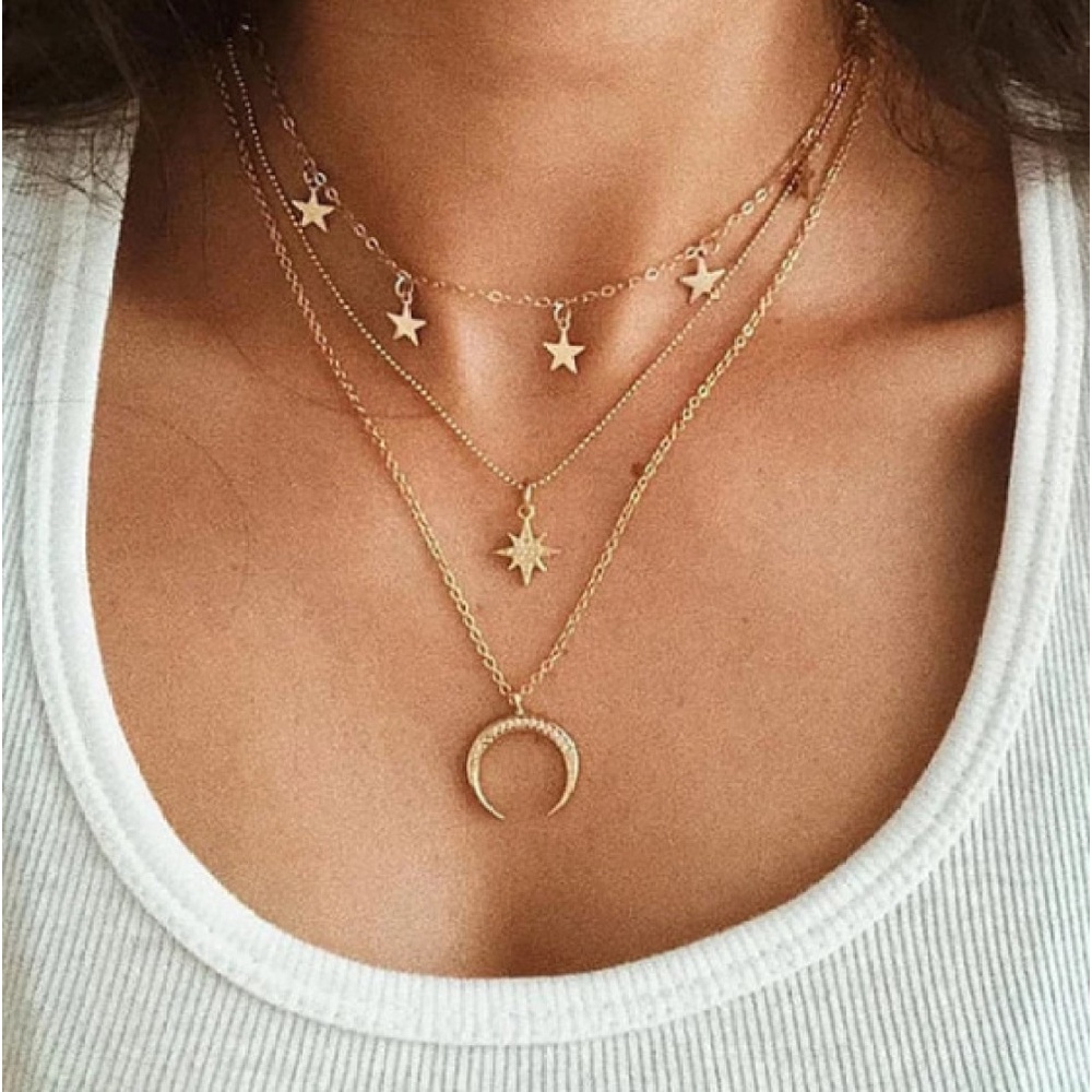 Vòng Cổ Choker Nhiều Lớp Mặt Hình Trăng Sao Màu Sắc Thời Trang