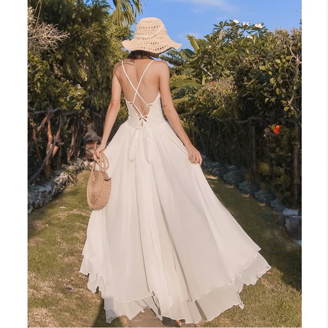 Váy hai dây 2 dây đi biển trắng đan dây lưng hở lưng xoè dài maxi cúp ngực