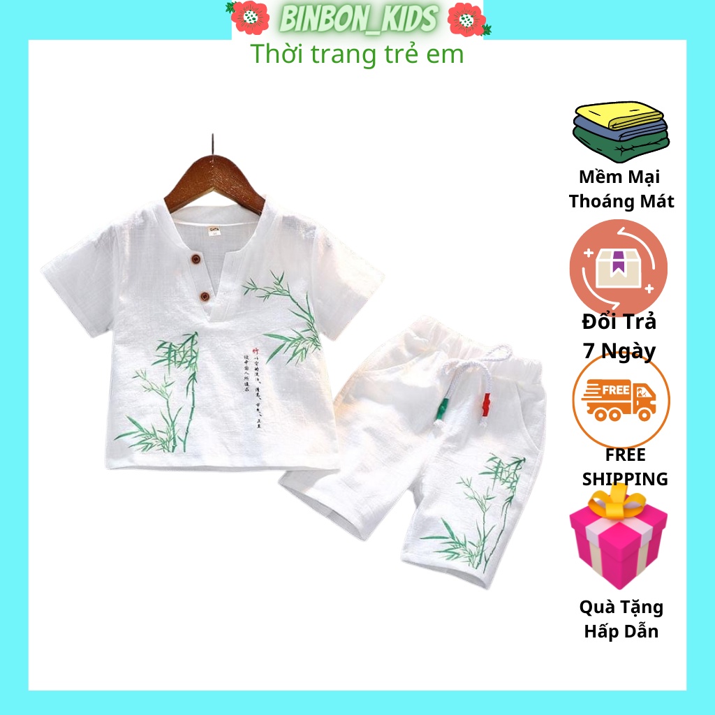 Đồ bộ bé trai Binbon kids, Bộ quần áo cộc tay bé trai chất đũi in hình cây tre cực mát cho bé từ 6-28kg