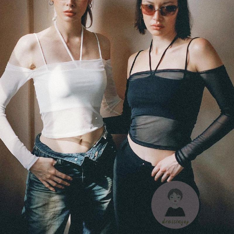 Set Áo Croptop Sát Nách + Áo Tay Dài Trễ Vai Màu Sắc Thanh Lịch Dành Cho Nữ