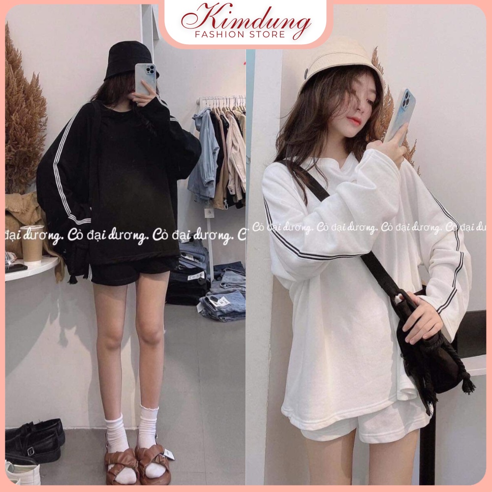 Sét bộ đi chơi cá tính sọc dài tay đùi siêu xinh , Set đồ quần short đùi ống rộng áo thun dài tay sọc đen trắng