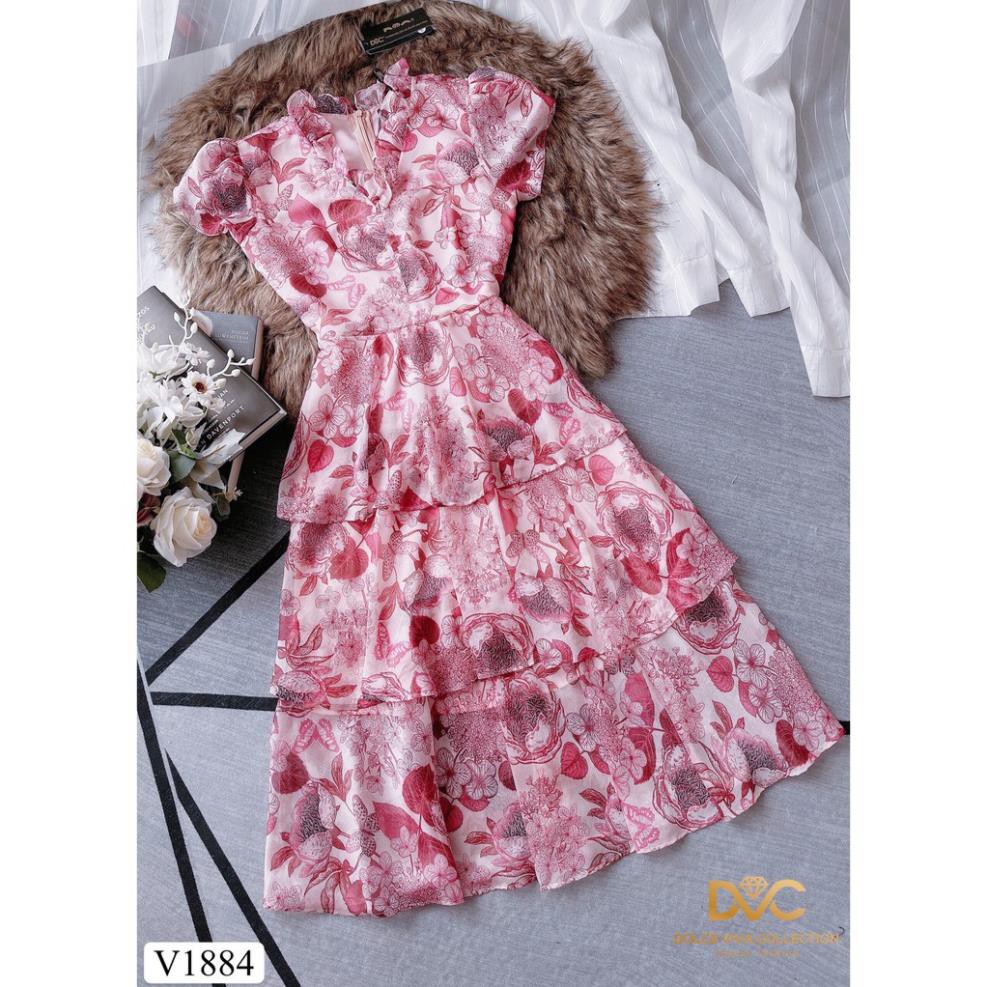 Váy hồng hoa xòe xếp tầng V1884  - Đẹp Shop DVC - Kèm ảnh thật trải sàn do shop tự chụp