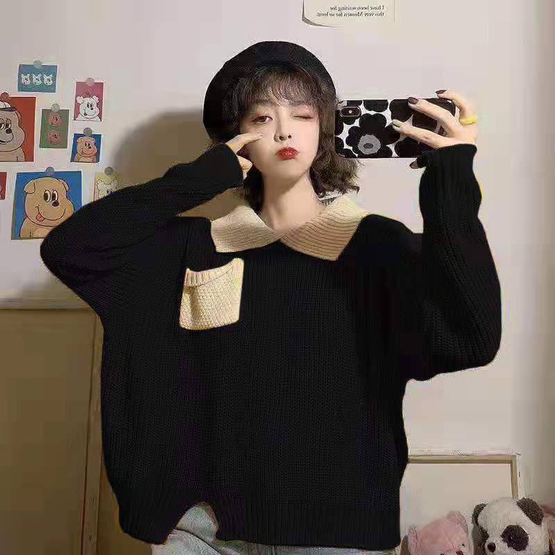 Áo sweater IELGY cổ Polo dáng rộng dài tay phối màu đối lập phong cách Hàn Quốc cho nữ