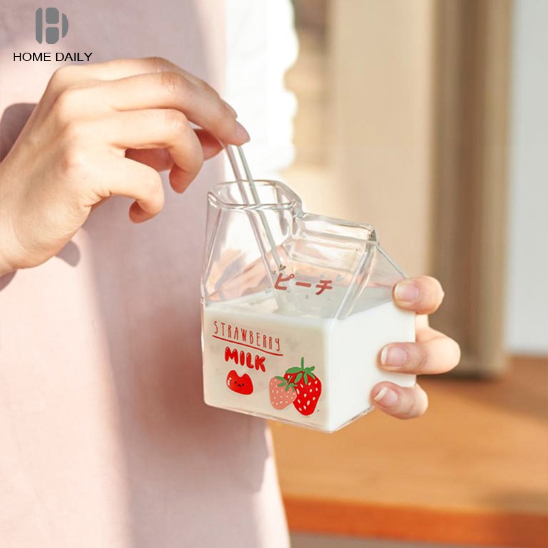 Ly thủy tinh hình bình sữa thiết kế độc đáo in họa tiết dễ thương