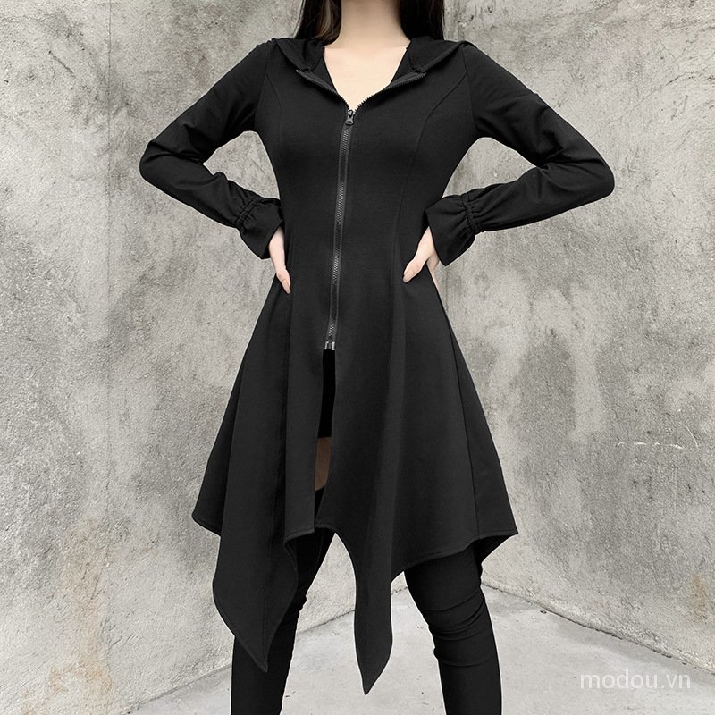 Áo hoodie thiết kế dáng đầm có khóa kéo màu đen trơn thời trang dành cho nữ