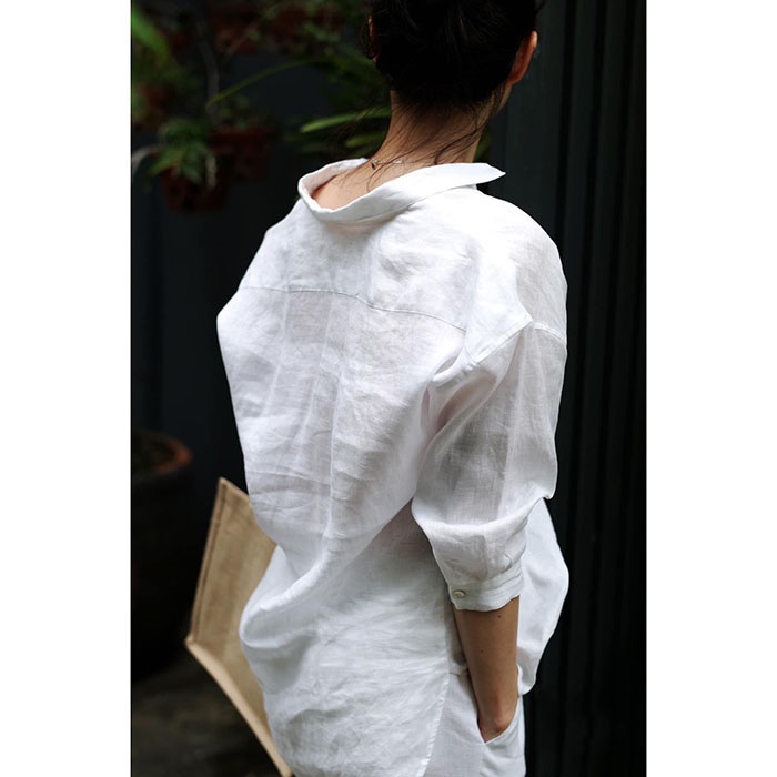 Áo sơ mi nữ form rộng trễ vai cơ bản Linen tưng Premium - Trắng tinh