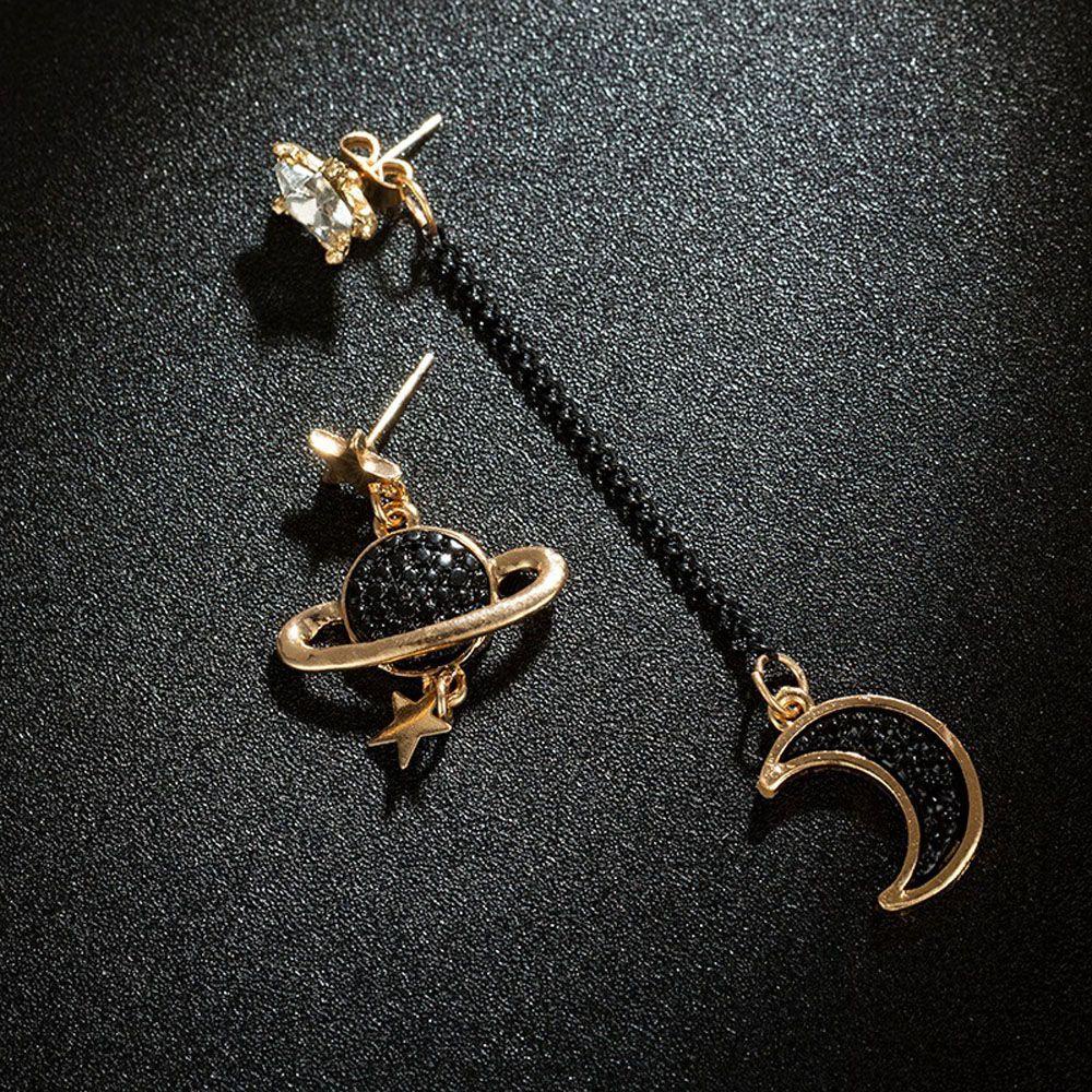 Bernardo Khuyên Tai Dáng Dài Tua Rua Hình Ngôi Sao Mặt Trăng Hành Tinh Màu Đen Thời Trang Sáng Tạo