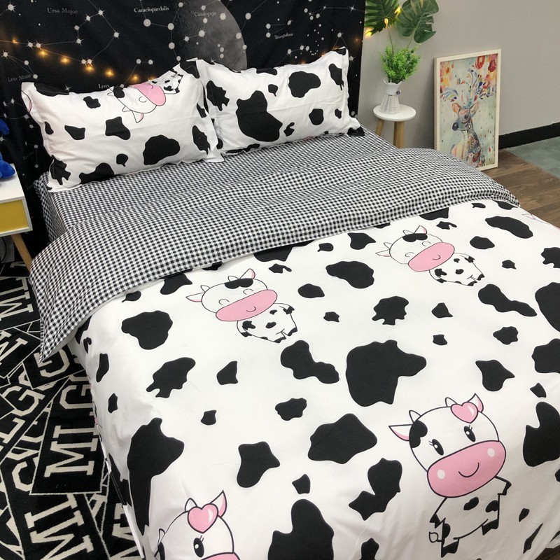 Set 4 Món Chăn ga gối chất liệu Poly Cotton hàng nhập khẩu - Mẫu BÒ SỮA CUTE dairy cow