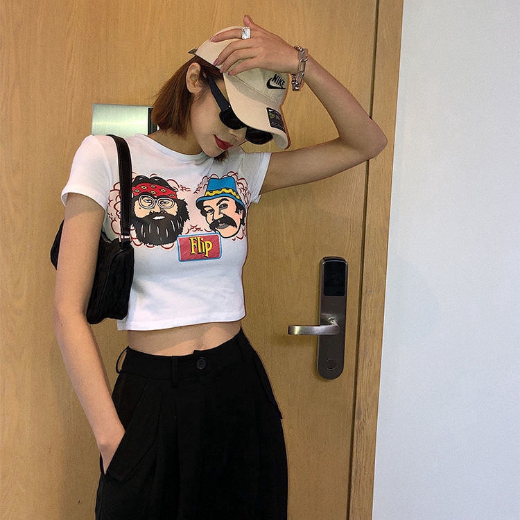 Áo Croptop Ngắn Tay In Họa Tiết Xinh Xắn Dành Cho Nữ