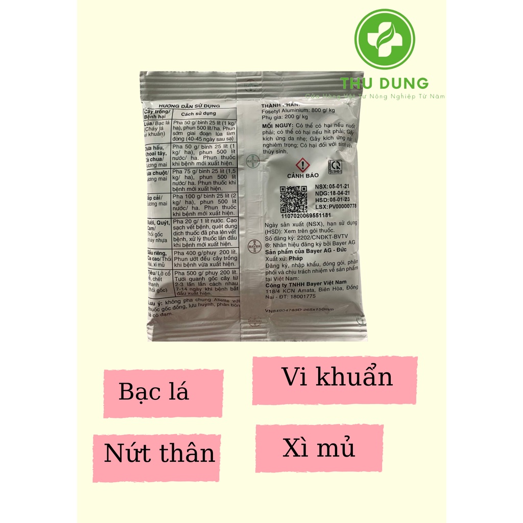 Thuốc trừ bệnh Aliette 800WG 100gram Phòng và trị các bệnh chết nhanh, sương mai, thối trái, xì mủ