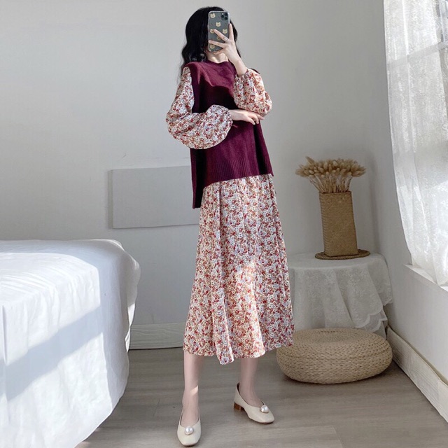 Đầm hoa dáng xoè chun tay - Đầm hoa dáng dài tôn dáng che bụng