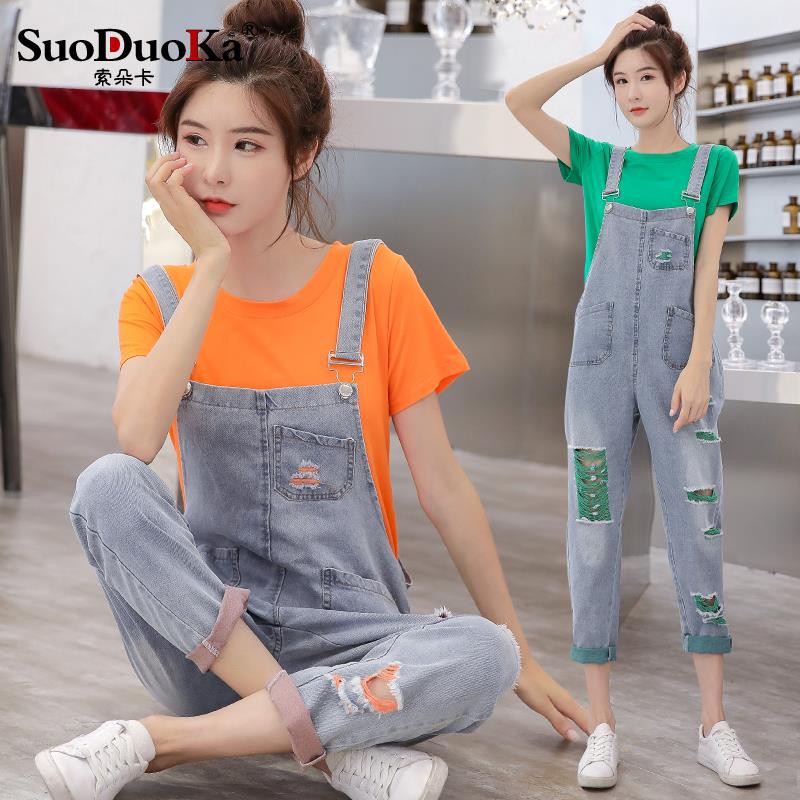 Quần yếm 2 dây ống dài kiểu rách trẻ trung bằng vải denim thời trang Hàn Quốc dành cho nữ