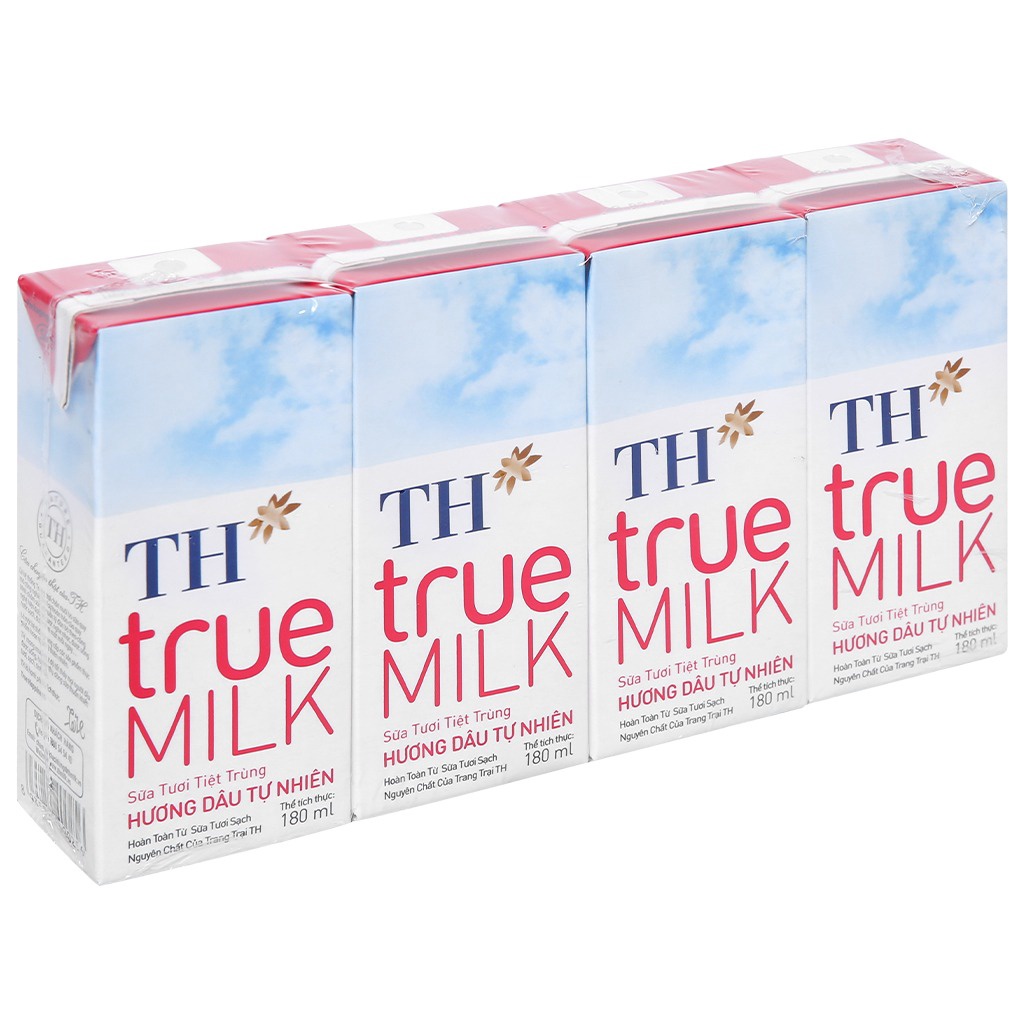 Sữa Th True Milk / Sữa Tươi Tiệt Trùng Có Đường/ Í Đường/ Hương Dâu 180ml Lốc 4 Hộp