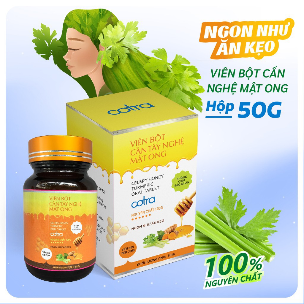 Viên bột cần tây nghệ mật ong sấy lạnh nguyên chất (50g, 80g) giúp giảm cân, làm đẹp, tái tạo và làm trắng da, detox