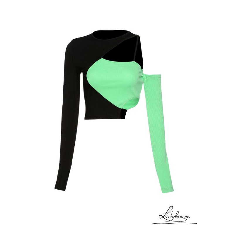 Áo Thun Tay Dài Lệch Vai Màu Sắc Tương Phản Dành Cho Nữ