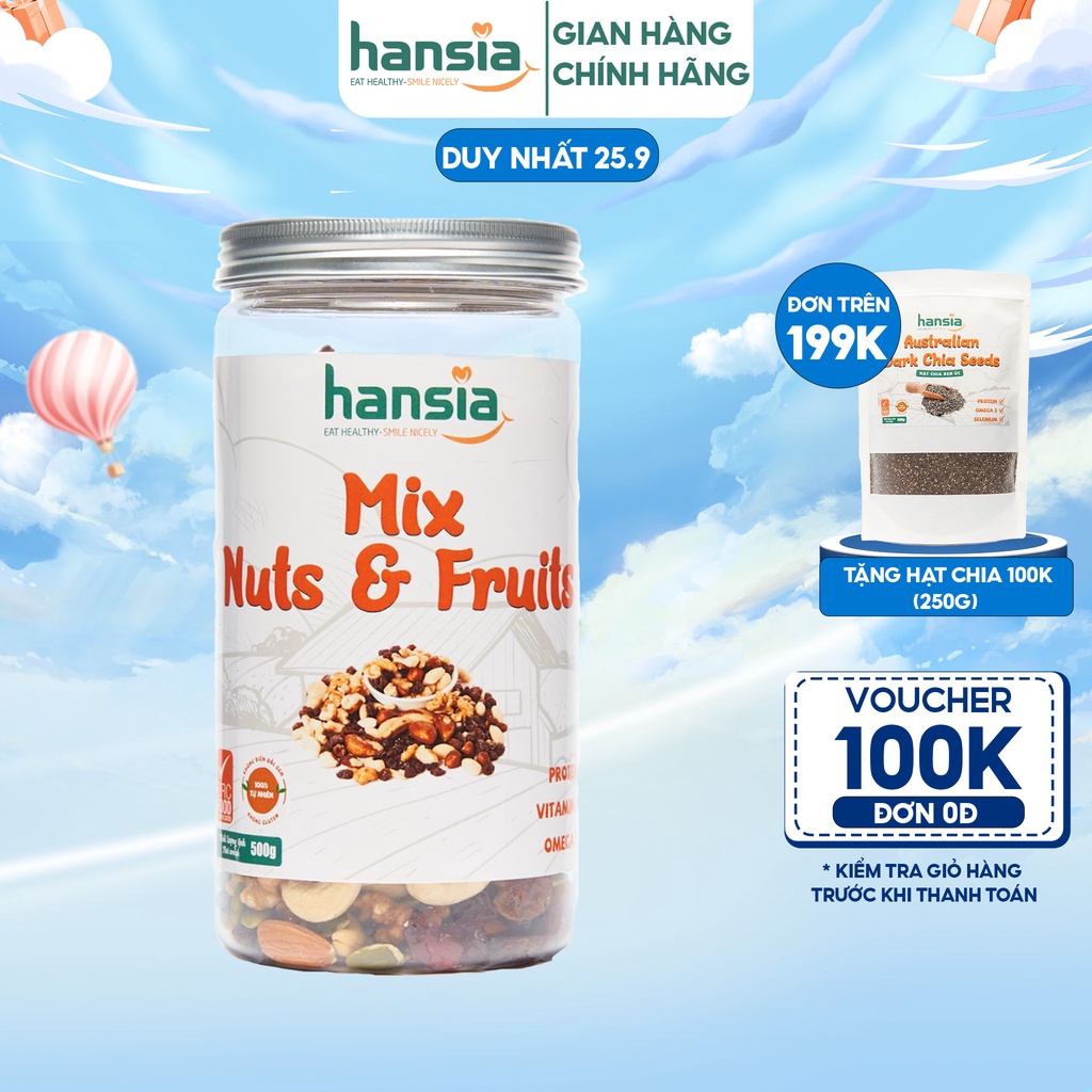 Hạt Trái Cây Sấy Mix Nuts&Fruits Organic HANSIA Thơm Ngon Bổ Sung Dinh Dưỡng Có Thể Thay Thế Bữa Ăn Nhẹ 300g-500g