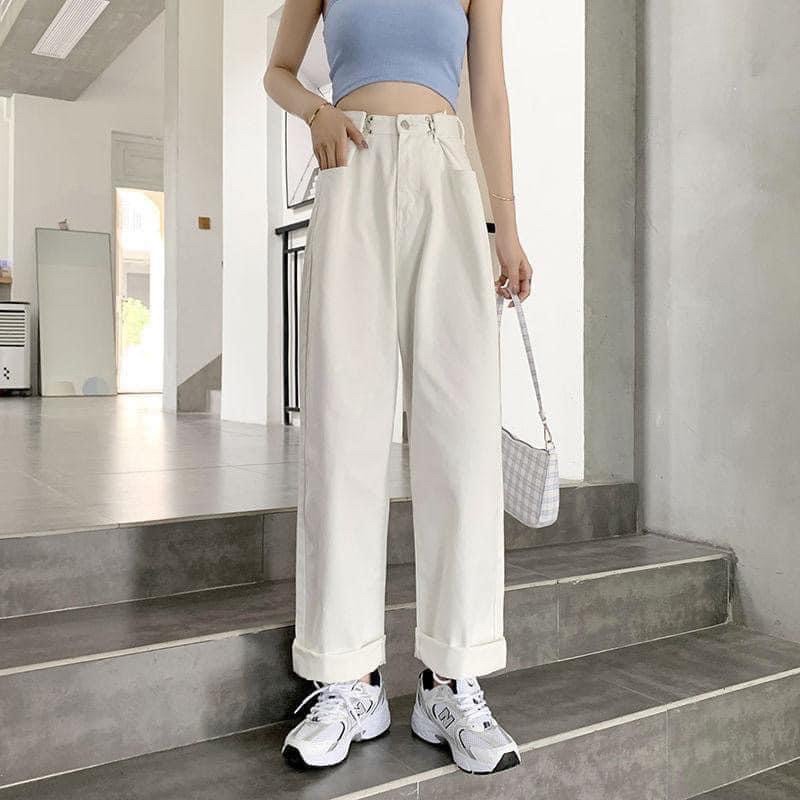 Quần jeans nữ phối khuy gài eo cạp cao ống suông rộng phong cách Ulzzang Hàn Quốc hai màu đen trắng basic chuẩn loại 1 | WebRaoVat - webraovat.net.vn