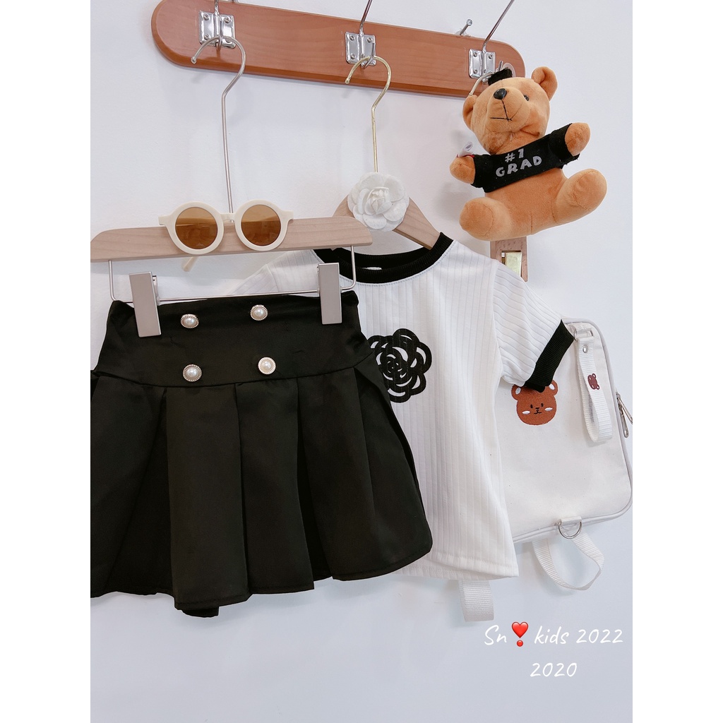 Sét váy tiểu thư cho bé gái, set áo tăm đũa hoa trà đen phối chân váy xòe xếp ly ( có lớp lót) cho bé sz 10-32kg