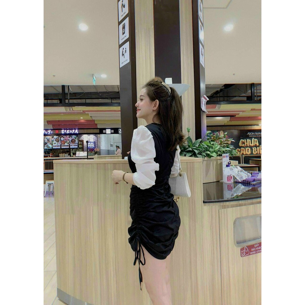 đầm ngắn rút dây cổ tròn tay dài sơ mi _FREESHIP