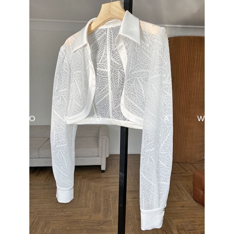 Women Lace Blouse Elegant Sexy Crop Cardigan Blouses Long Sleeve Shirt Black Korean Fashion Tops