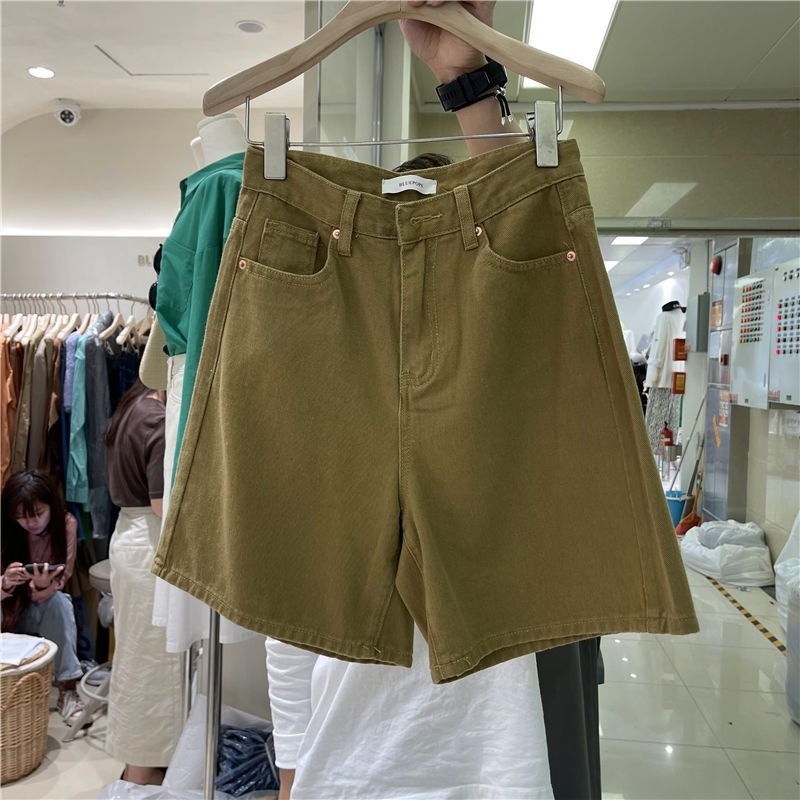 Quần đùi denim ống rộng lưng cao thoáng mát thời trang cho nữ