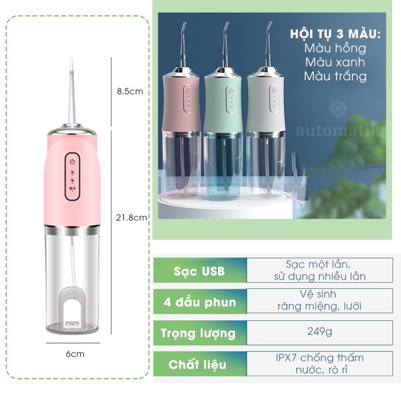 Máy tăm nước vệ sinh răng miệng kèm 4 đầu phun ngăn đựng nước tháo rời dễ dàng vệ sinh