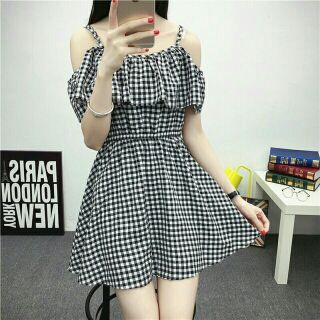 Đầm suông caro trể vai cực xinh