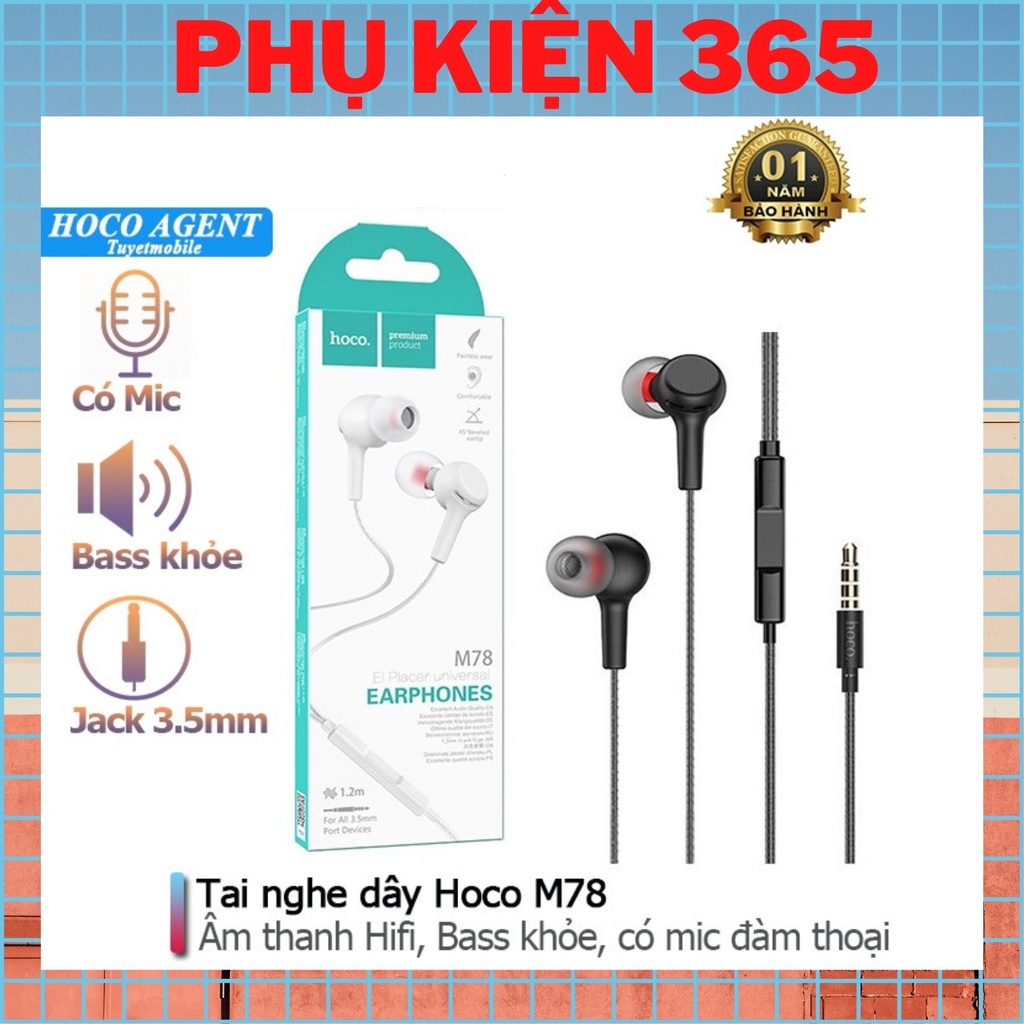 Tai nghe nhét tai có dây kèm mic CHÍNH HÃNG HOCO M78 dài 1,2m jack audio 3.5 mm, có nút điều khiển, âm thanh hay