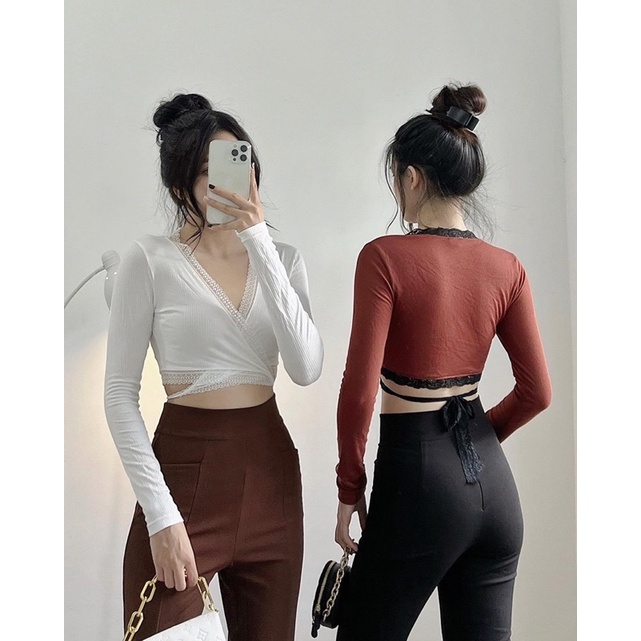 ÁO TAY DÀI VIỀN REN THẮT NƠ EO▪JANE CROPTOP