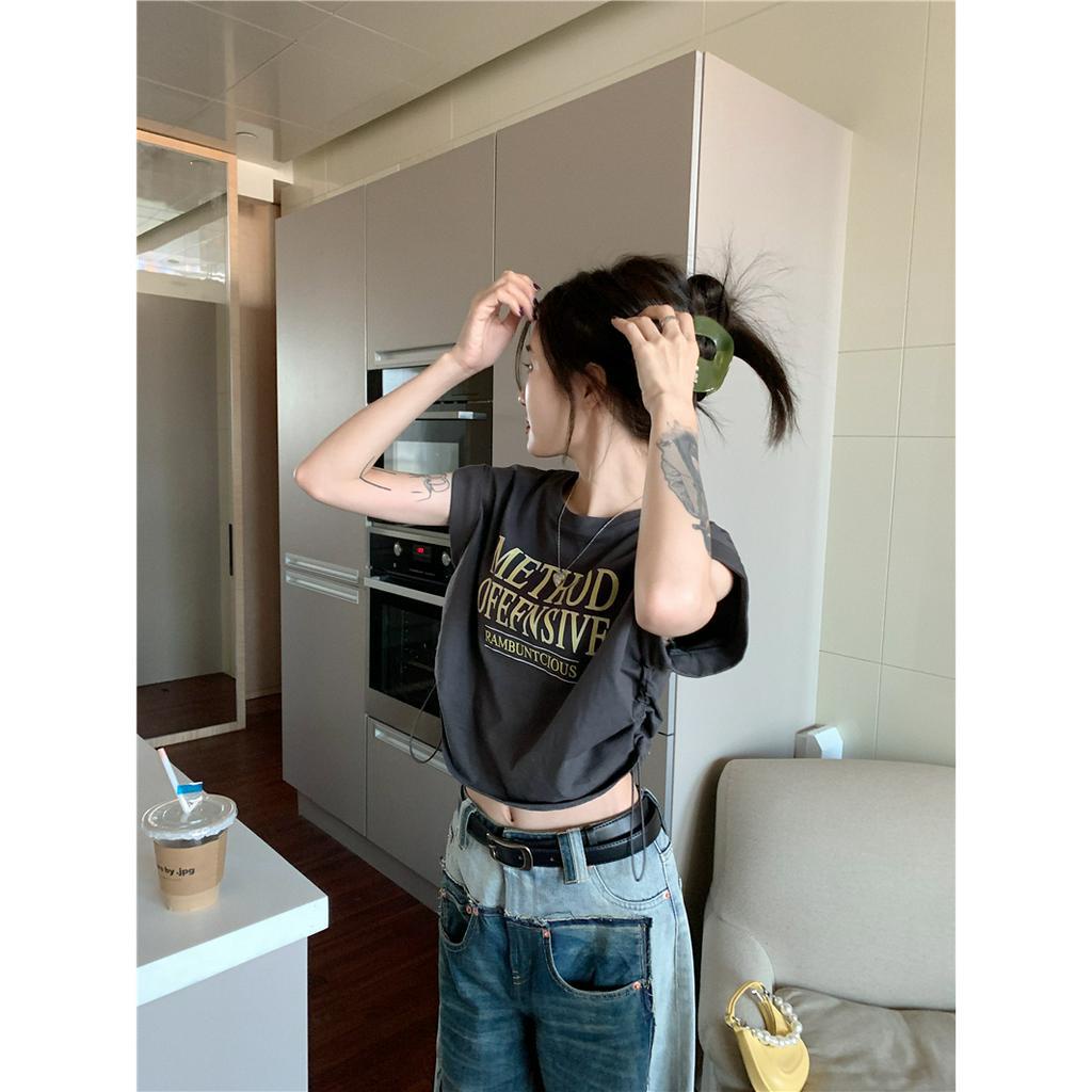QADCOL  áo crop top Áo Thun Tay Ngắn Phối Dây Rút Trước Ngực In Họa Tiết Độc Đáo Thời Trang Mùa Hè Chất Lượng áo croptop tay dài form rộng Cao Cho Nữ