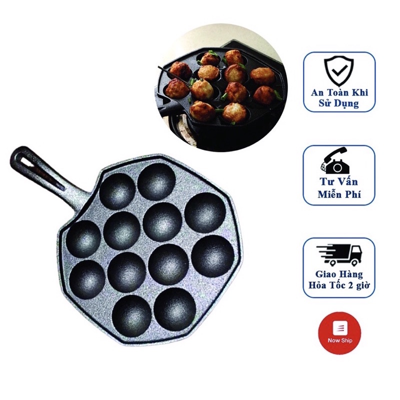 Chảo nướng bánh Takoyaki tặng chổi phết dầu khuôn bánh bạch tuộc