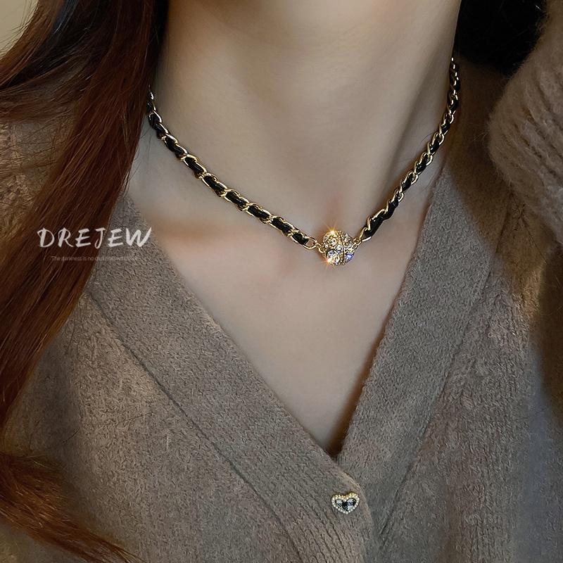 Dây Chuyền Da Đính Kim Cương Nhân Tạo Phong Cách Hàn Quốc Cổ Điển Độc Đáo